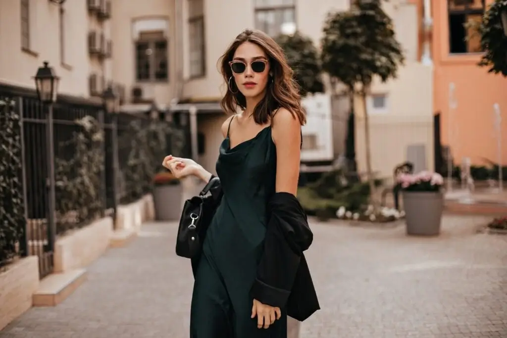 woman in a dark green dress holds her jacket